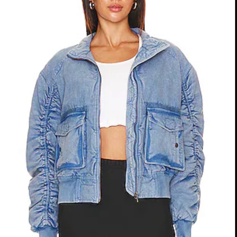 Free People Light Blue Denim Bomber Jacket